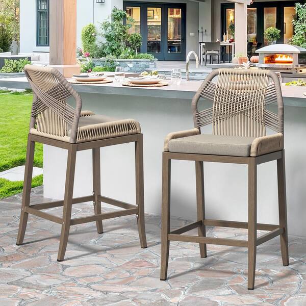 cozyman Shanks Rattan Aluminum Frame Yellow Gray Boho Counter Height Outdoor Bar Stool with Woven Rope Back (Set of 2)