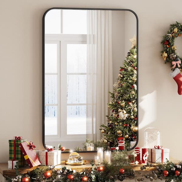 24 in. W x 36 in. H Rectangular Aluminum Alloy Framed Rounded Black Wall Mirror