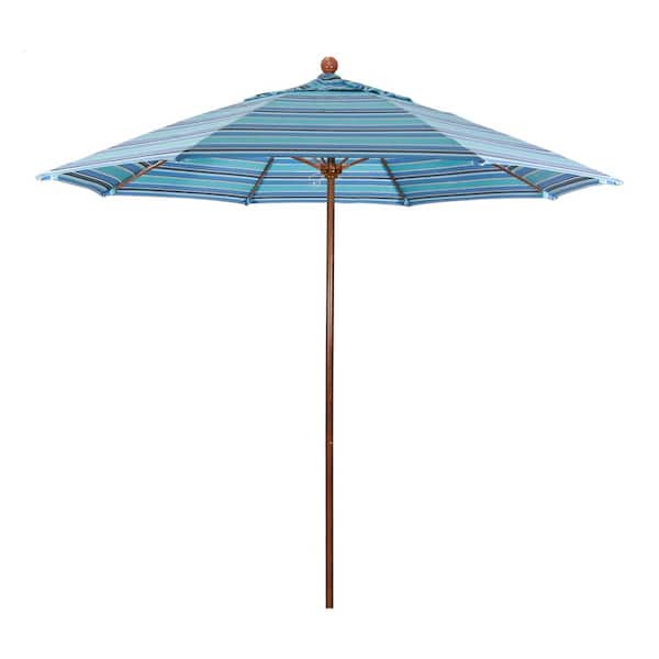 California Umbrella 9 ft. Woodgrain Aluminum Commercial Market Patio Umbrella Fiberglass Ribs and Push Lift in Dolce Oasis Sunbrella