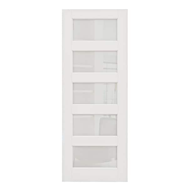 30 in. x 80 in. 5-Lite Tempered Frosted Glass White Solid Core Primed Wood Interior Door Slab