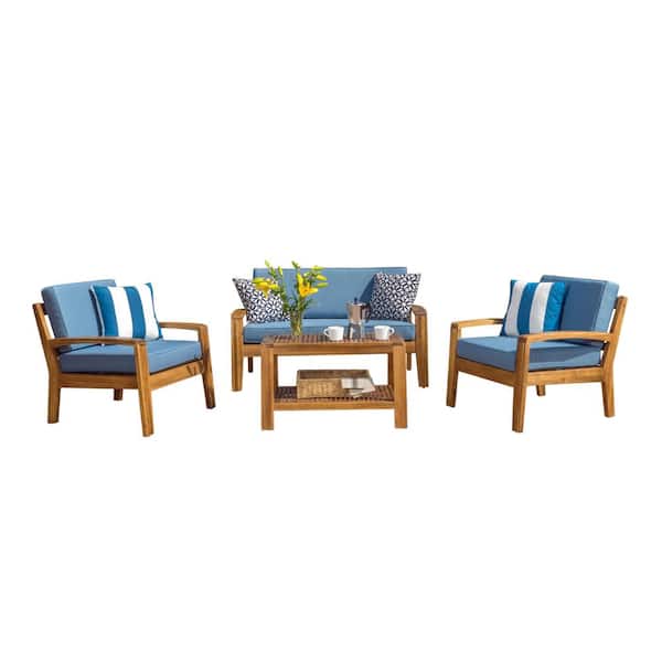 Grenada Teak Finish 4-Piece Wood Outdoor Patio Conversation Set with Blue Cushions
