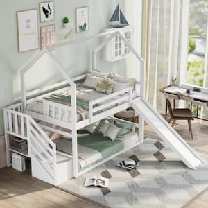 White Twin Over Twin Wood House Bunk Bed with Convertible Slide and Storage Staircase
