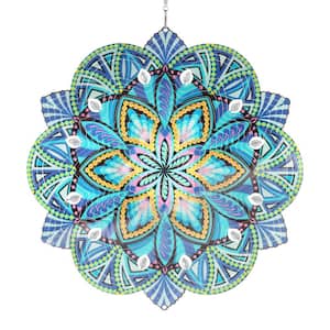 12 in. Laser Cut Teal Daisy Mandala with Beaded Details, Metal Spinner