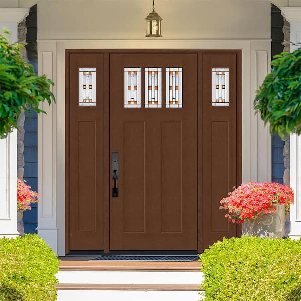 Regency 68 in. x 80 in. 3Lite Amberton Deco Glass RHIS Chestnut Stain Fir Fiberglass Prehung Front Door w/Dbl 14in.SL