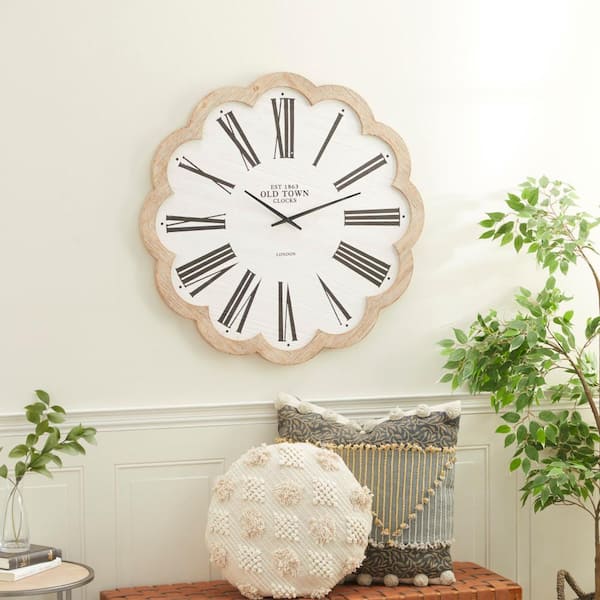33 in. x 33 in. White Wood Floral Shaped Wall Clock with Brown Scalloped Frame