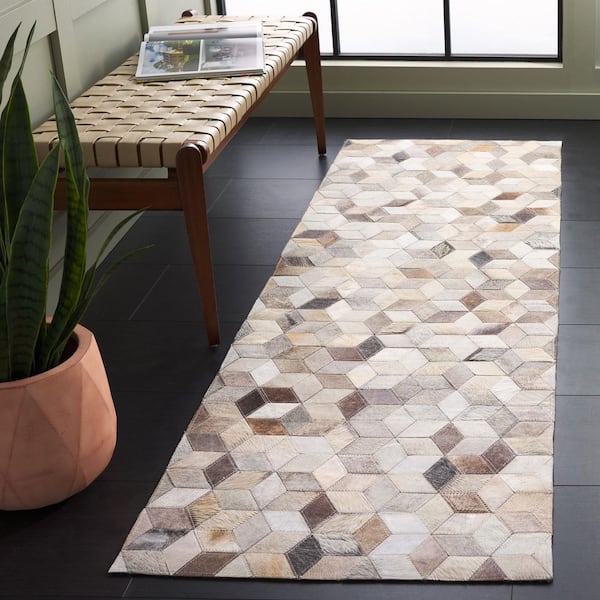 Studio Leather 2 ft. x 7 ft. Gray/Light Brown Hexagon Geometric Runner Rug