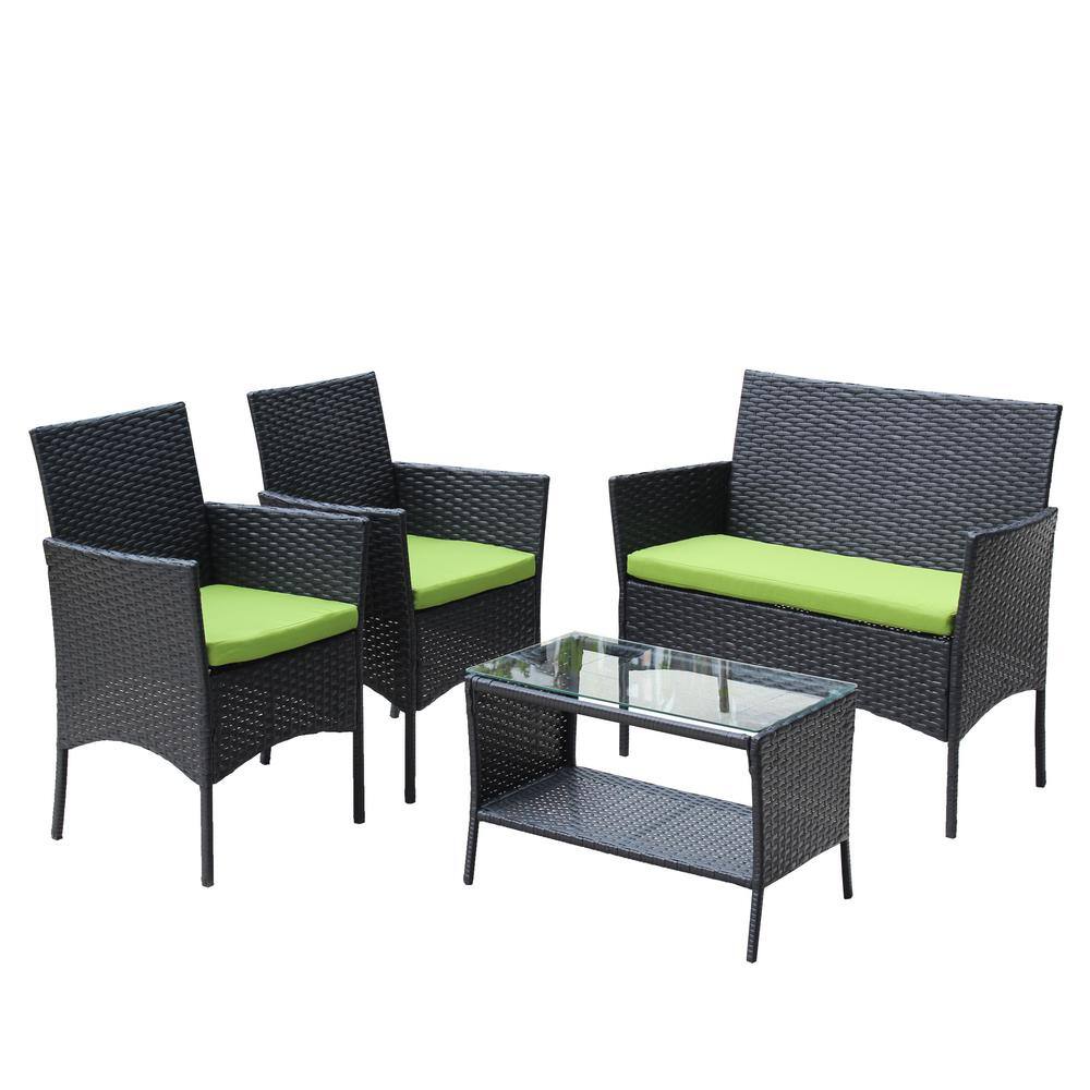 Outdoor 4-Piece Rattan Patio Furniture Set with Tempered Glass Top Table and Green Cushions price history on PriceWatchPro