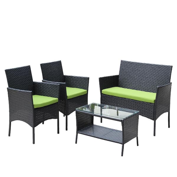 Unbranded Outdoor 4-Piece Rattan Patio Furniture Set with Tempered Glass Top Table and Green Cushions