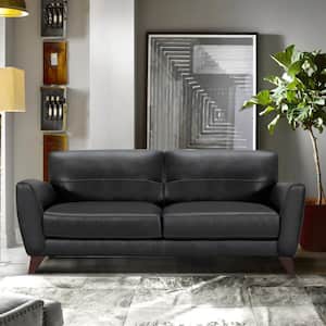 Genuine Black Leather Contemporary Sofa with Brown Wood Legs
