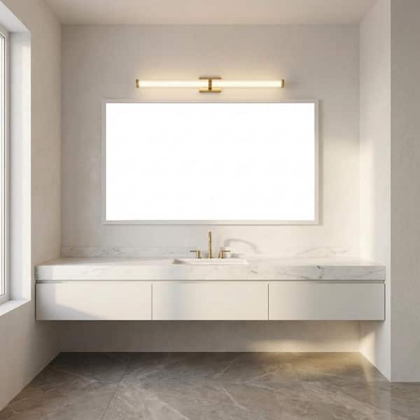 Syden 48 in. W x 4.75 in. H Satin Brass LED Transitional Dimmable Bathroom Vanity Light with Clear Fluted Glass