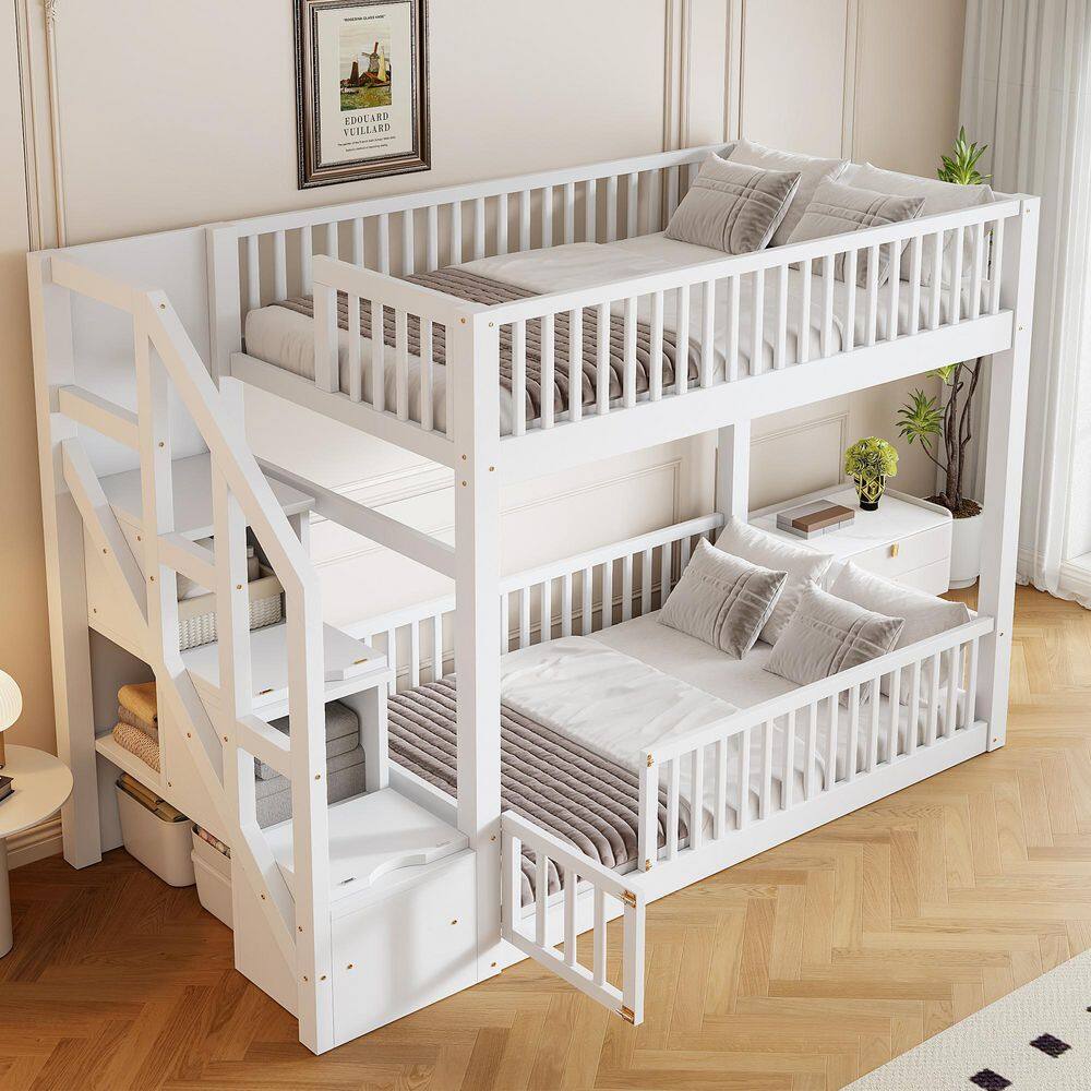 White Twin over Twin Wood Floor Bunk Bed with Full-Length Guardrails, Storage Staircase