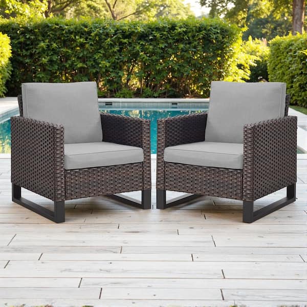 Pocassy Brown Wicker Outdoor Patio Lounge Chair with CushionGuard Gray Cushions (2-Pack)