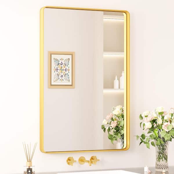 KeonJinn 24 in. W. x 36 in. H Modern Rectangular Aluminum Framed Wall Bathroom Vantiry Mirror in Brush Gold