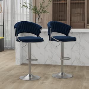 43.14 in. Modern Navy Blue Low Back Silver Metal Frame Adjustable Height Swivel Bar Stool with Velvet Seat (Set of 2)