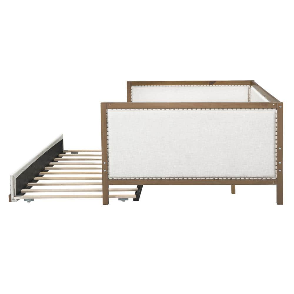Full Size Beige Linen Upholstered Daybed with Trundle and Nailhead Trim