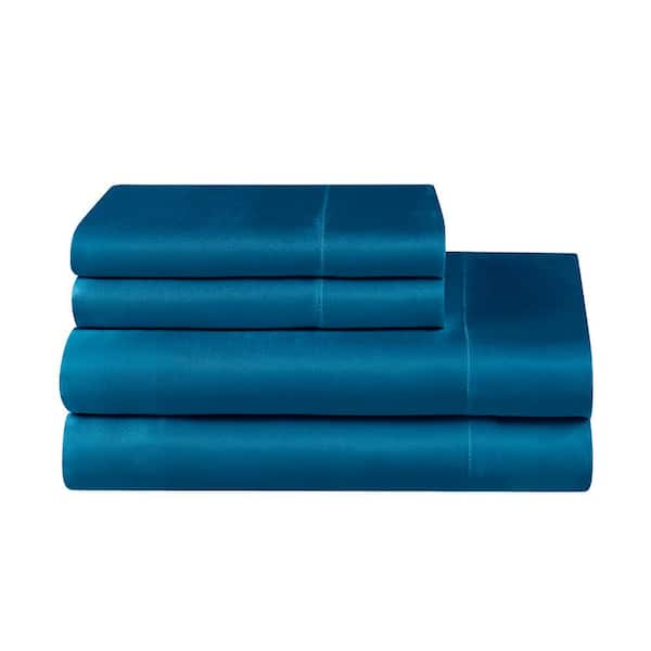 JUICY COUTURE Silky Satin 4-Piece Blue Solid Color Microfiber Full Deep Pocket Sheet Set
