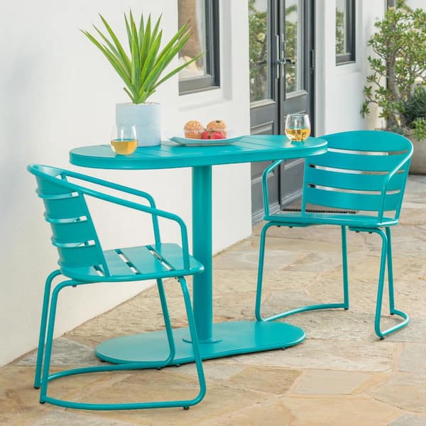 Unbranded 3 Pieces Metal Outdoor Bistro Set, Modern Patio Garden Furniture Set for Garden Backyard Porch Balcony, Teal