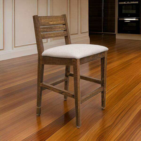 Benjara 30 in. Brown and Beige Low Back Wood Frame Bar Stool with Fabric Seat (Set of 2)