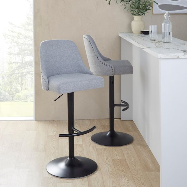 Lumisource Studded Marcel 34 in. Light Grey Fabric, Black Metal, and Brass Metal Adjustable Barstool (Set of 2)