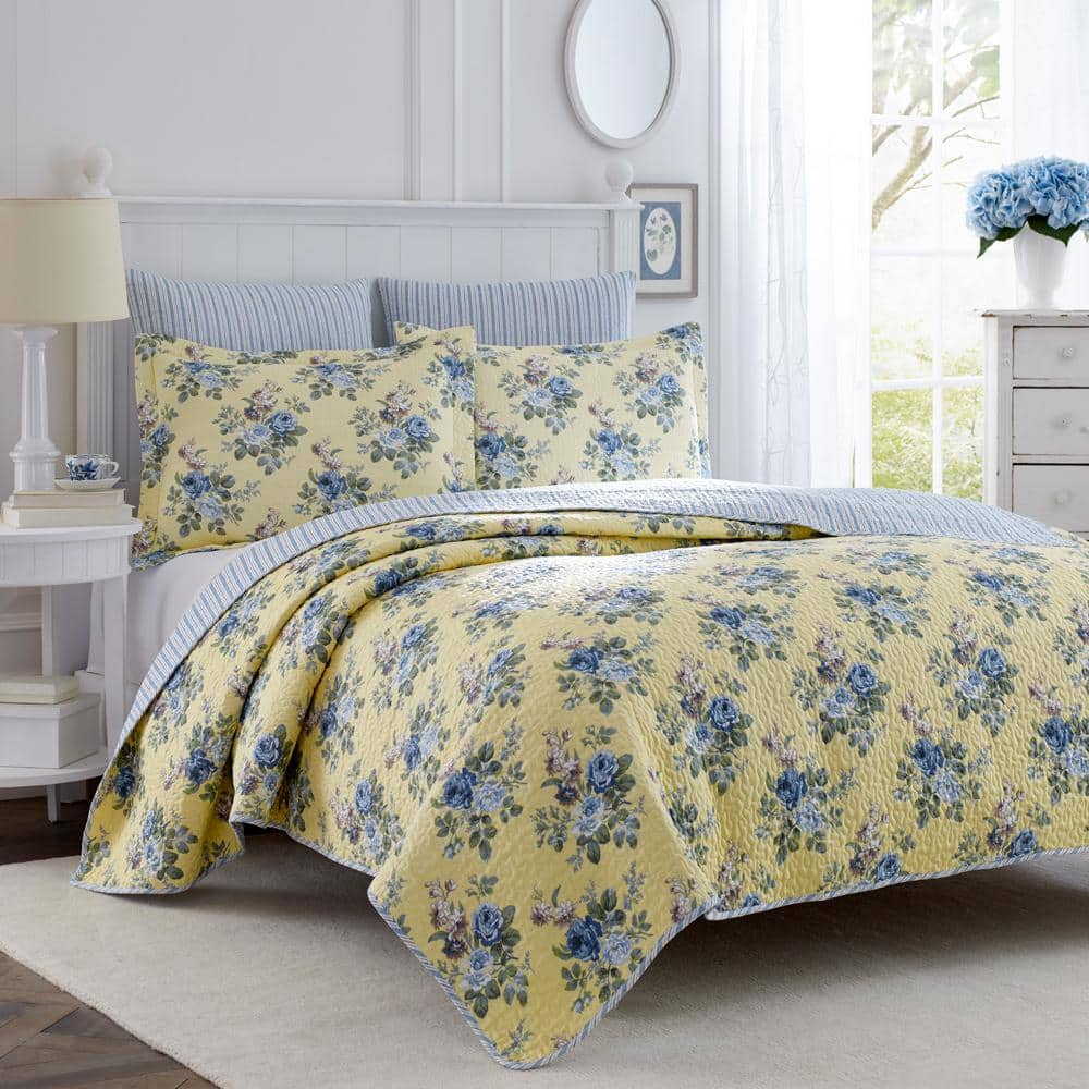 Laura Ashley Amberley 3-Piece Beige Floral Cotton Full/Queen Quilt Set  206334 - The Home Depot