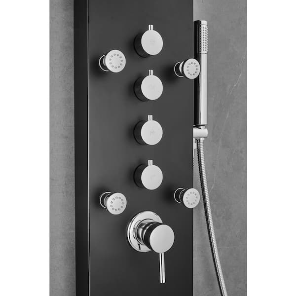 65in. 8-Jet Shower Panel System in Black Brushed Stainless Steel Adjustable with Rainfall Waterfall Shower Head and Wand