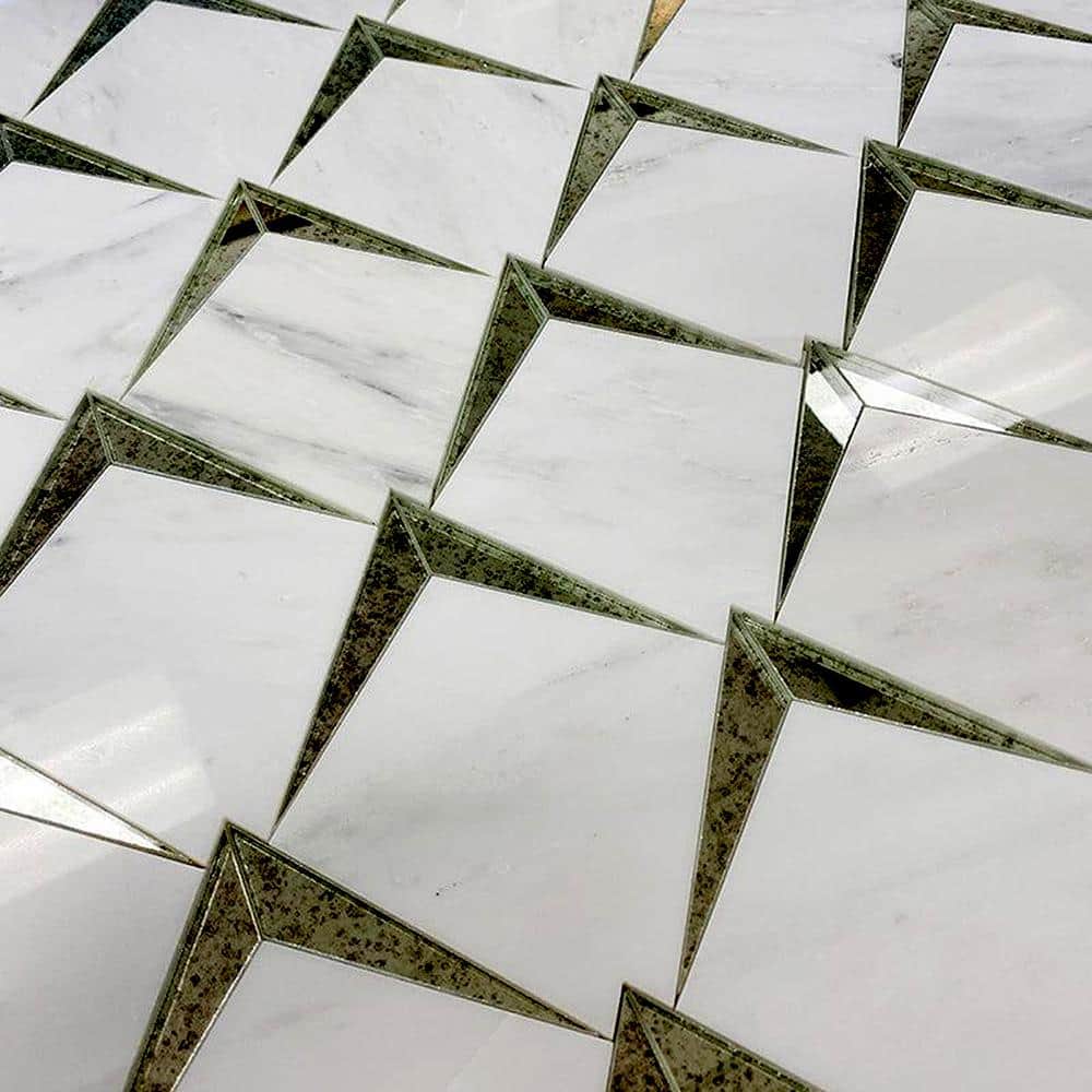 Arrowhead White Marble and Antique Mirror Glass Mosaic Wall Tile