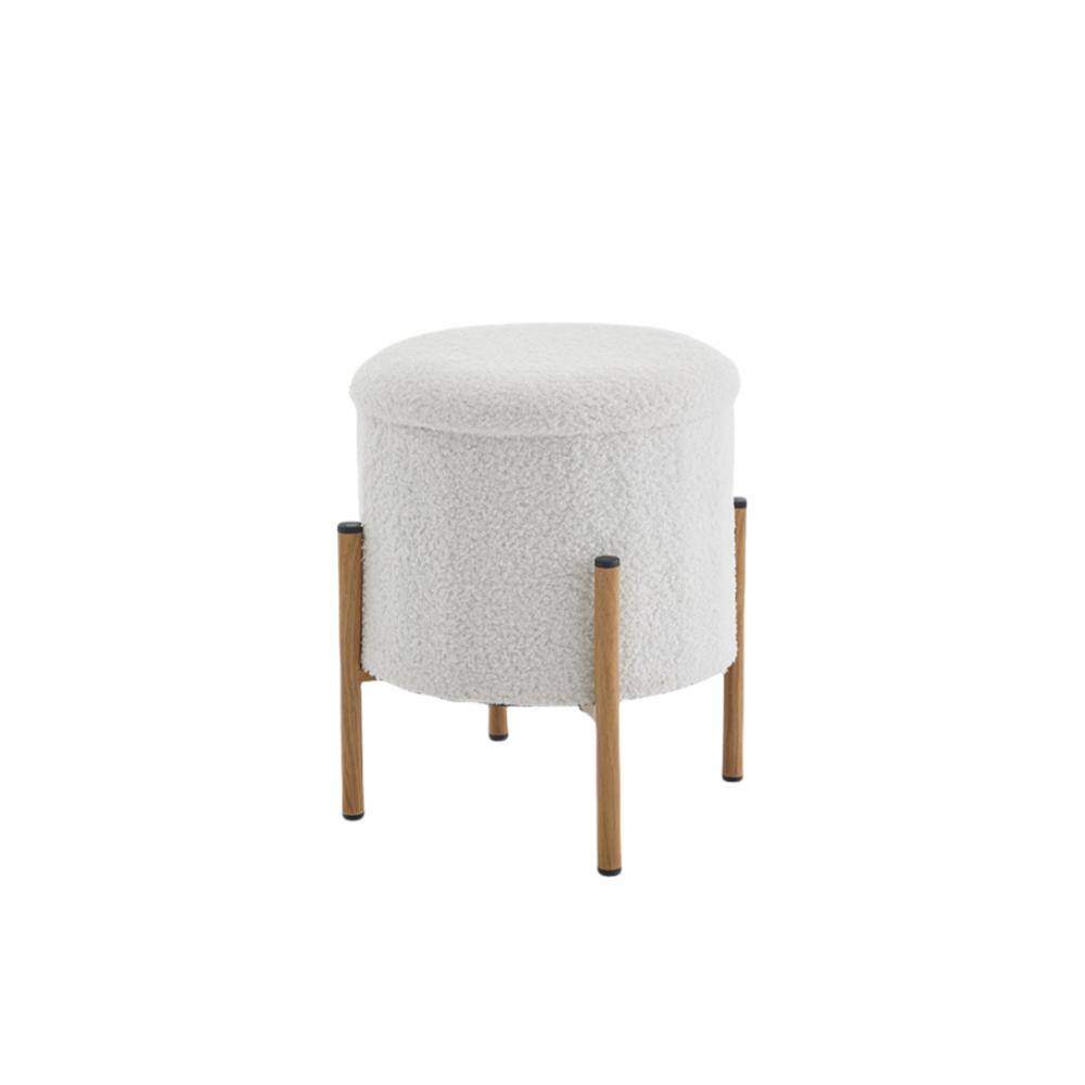 White Upholstered Round Storage Ottoman, Ottoman Footstool, Ottoman Foot Stools With Metal Base and Removable Lid