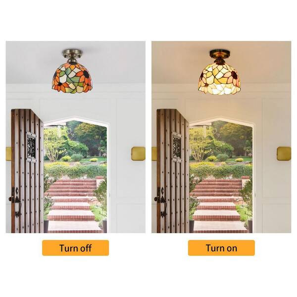 OUKANING 7.87 in. 1-Light Orange Sunflower Retro Semi-Flush Mount