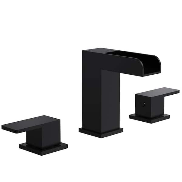 EVERSTEIN Waterfall Open Spout 8 in. Widespread 2-Handle Bathroom Sink Faucet in Spot Resist Matte Black Drain Included