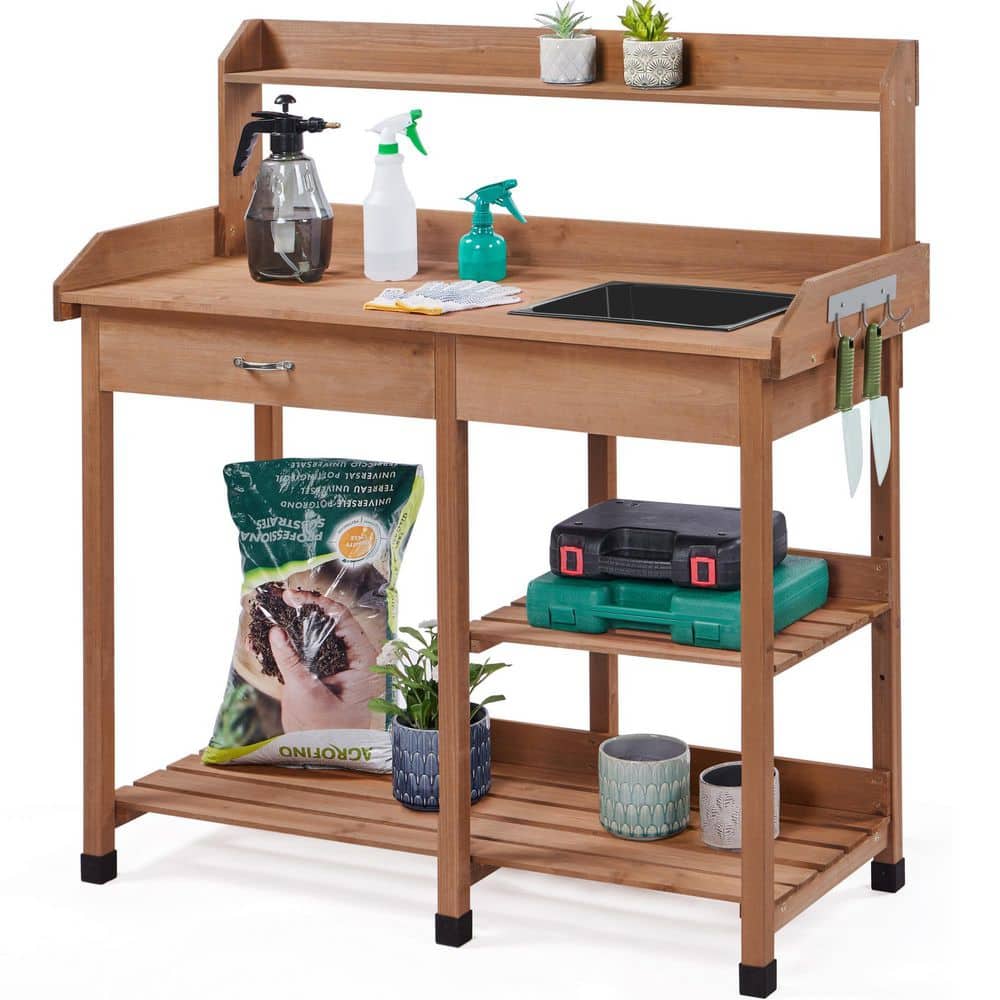 45.2 in.W x 47.6 in.H Dark Brown Fir Wood Garden Potting Bench, Outdoor Work Bench Station w Sink, Drawer, Rack Shelves price history on PriceWatchPro
