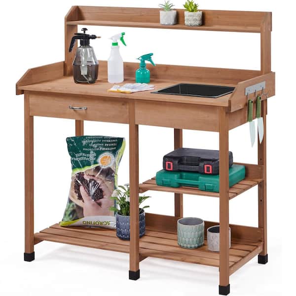 Phewnyzo 45.2 in.W x 47.6 in.H Dark Brown Fir Wood Garden Potting Bench, Outdoor Work Bench Station w Sink, Drawer, Rack Shelves