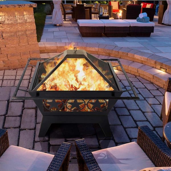 Unbranded 32 in. D x 32 in. W x 25.2 in. H Square Alloy Steel Charcoal Fire Pits with Spark Screen, Mesh Cover, Poker