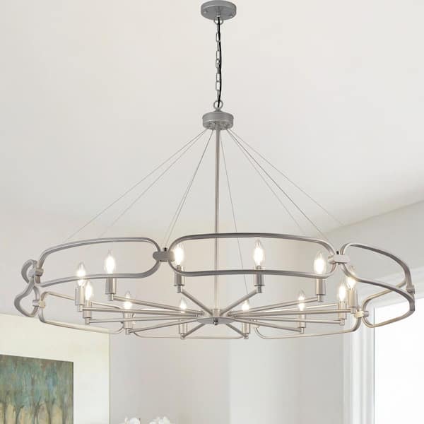 Magic Home 60-Watt 12-Light Silver Pendant Living Room Dimmable Candle Style Wagon Wheel Chandelier, No Bulbs Included