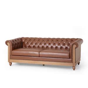 Glencoe 78.75 in. Flared Arm Faux Leather Straight 3 Seaters Sofa with Nailhead in Cognac Brown and Natural