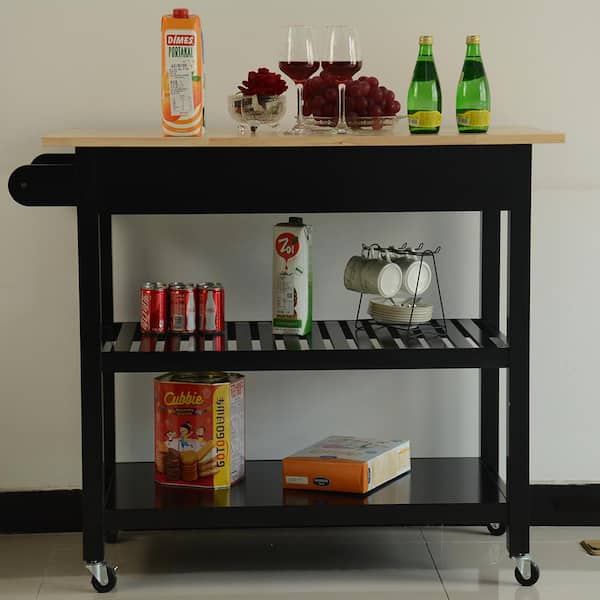 Tileon Black Frame Kitchen Cart with Wood Natural Top and Large Drawer, 2-Shelf and Kitchen Island with 2 Wheels with Brake
