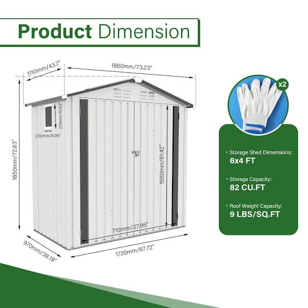 WTVWTV 6X4FT (24 sq ft) Outdoor Gray Metal Storage Shed for Garden