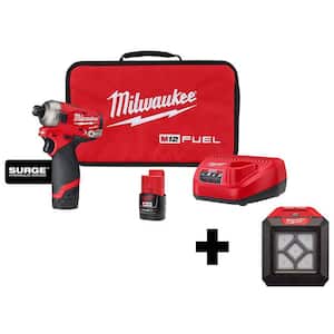 M12 FUEL SURGE 12V Lithium-Ion Brushless Cordless 1/4 in. Hex Impact Driver Compact Kit with M12 Flood Light