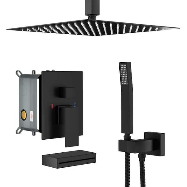 1-Spray 12 in. Ceiling Mount Square Waterfall Fixed and Handheld Dual Shower Head 1.8 GPM in Matte Black Shower System