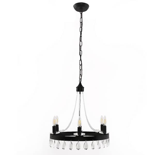 Briignite 6-Light Black Chandelier with Hanging Crystals, Vintage Candle Style Ceiling Fixture for Dining Room and Entryway