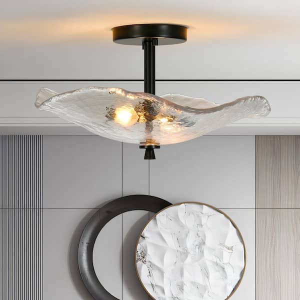17 in. 2-Light Black Semi Flush Mount Ceiling Light Fixture, Glass Close to Ceiling Light, Water Ripple Petal Shade
