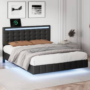 Black Wood Frame Full Size Modern Floating Tufted PU Platform Bed with Adjustable Headboard, LED Lights and USB Ports