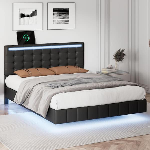 Harper & Bright Designs Black Wood Frame Full Size Modern Floating Tufted PU Platform Bed with Adjustable Headboard, LED Lights and USB Ports