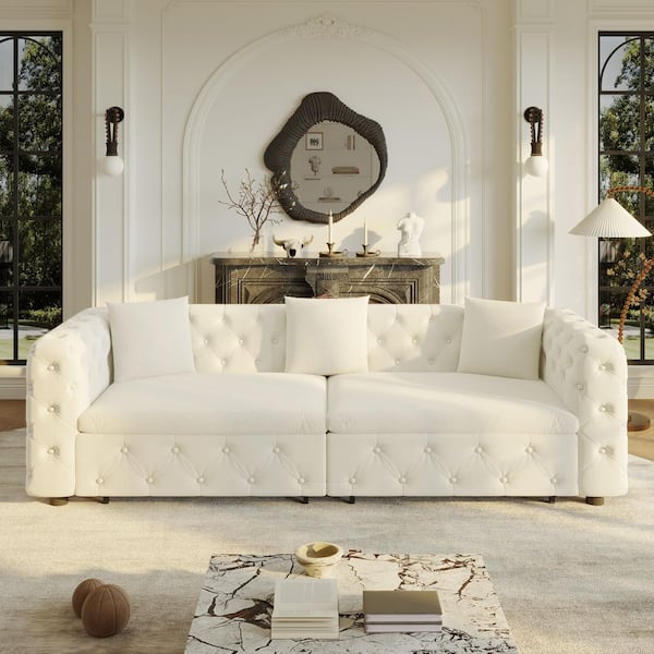 89 in.Beige/White Velvet King Size Sofa Bed with Tufted Design, King-Size Comfort with a Slightly Shorter Length