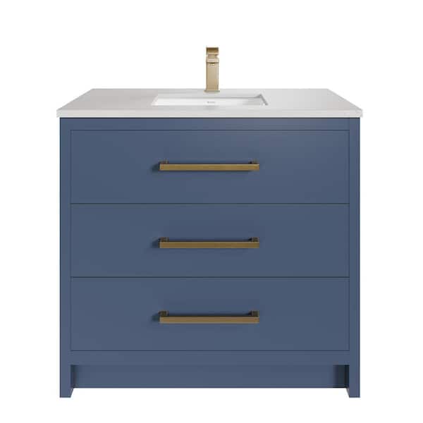 Curio 36 in. Single Sink Dark Blue Bath Vanity with White Carrara Quartz Top (Assembled)