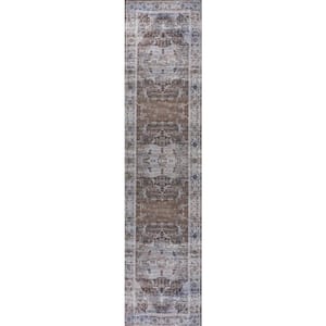 Alanya Ornate Medallion Machine-Washable Brown/Light Gray 2 ft. x 8 ft. Runner Rug