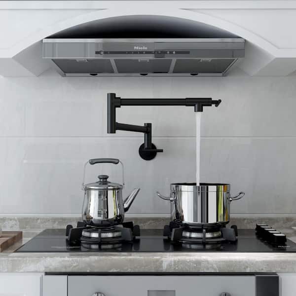 Wall-Mount Kitchen Pot Filler Faucet with 2 Handles, Swivel Spout, Easy-Clean Nozzles in Matte Black