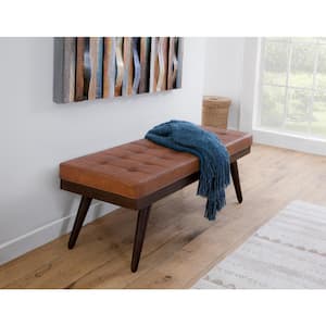 Anson Amber Brown 55 in. Genuine Leather and Solid Wood Accent Bedroom Bench