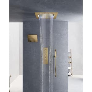 15-Spray 20 in. and 10 in. Ceiling Mount LED Music Dual Shower Head Fixed and Handheld Shower in Brushed Gold