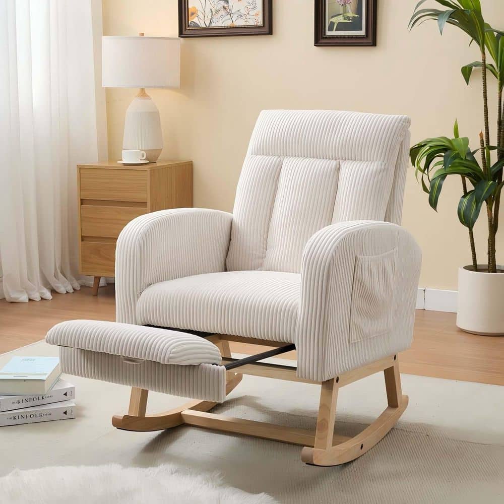 Cream White Stripe Velevt Modern Accent Rocking Chair Comfy Armchair Uphols
