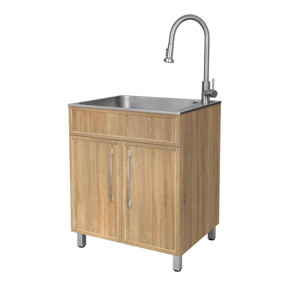 W28 in. X D22 in. Stainless Steel Drop-In Laundry Sink with Cabinet with Faucet in Light Oak price history on PriceWatchPro